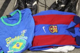 A SELECTION OF VINTAGE FOOTBALL SHIRTS PLUS TWO PAIRS OF VINTAGE FOOTBALL BOOTS
