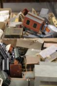 TWO TRAYS OF ASSORTED VINTAGE RAILWAY BUILDINGS, TRAINS ETC