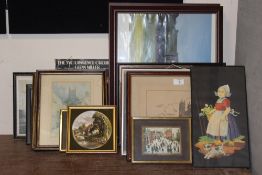 A QUANTITY OF ASSORTED PICTURES AND PRINTS TO INCLUDE WESTMINSTER ABBEY NEEDLEWORK