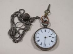 A LADIES SILVER POCKET WATCH ON SILVER ALBERTINE WATCH CHAIN