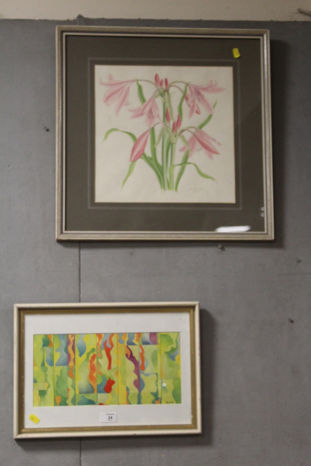 A MODERN ABSTRACT WATERCOLOUR SIGNED RILEY, TOGETHER WITH A FLORAL WATERCOLOUR SIGNED WILKES - Image 2 of 5