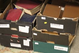 FIVE BOXES OF MOSTLY ANTIQUE BOOKS ETC TO INCLUDE SETS OF 1950S / 60S THE RAILWAY MAGAZINES