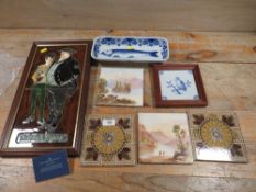A COLLECTION OF VINTAGE AND MODERN TILES, TO INCLUDE FRAMED DELFT EXAMPLE PLUS A DELPH OBLONG DISH