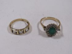 A THREE STONE 9CT GOLD RING - APPROX 2.8g, RING SIZE N, TOGETHER WITH ANOTHER YELLOW METAL GEMSET