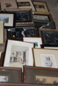 A BOX OF ASSORTED PICTURES, PRINTS AND ENGRAVINGS TO INCLUDE IRONBRIDGE
