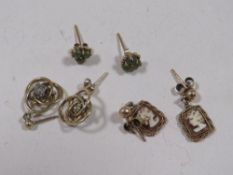 THREE PAIRS OF YELLOW METAL AND GEMSET EARRINGS ETC, APPROX OVERALL WEIGHT 6 g