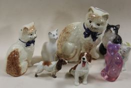 A COLLECTION OF CAT AND DOG FIGURES TO INC ROYAL DOULTON, BELLEEK, BESWICK AND FENTON GLASS (8)