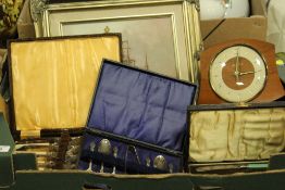 A TRAY OF ASSORTED FLATWARE TOGETHER WITH A RETRO KIENZLE CLOCK AND A MODERN OIL PAINTING OF A