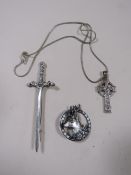 A HALLMARKED SILVER BROOCH IN THE FORM OF A SWORD TOGETHER WITH ANOTHER BROOCH AND PENDANT NECKLACE