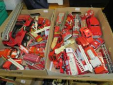 TWO TRAYS OF ASSORTED FIRE ENGINES AND VEHICLES TO INC A MOGHUL FIRE FIGHTER, TIN PLATE TRUCK ETC