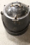A VINTAGE CAST LIDDED COOKING POT, TOGETHER WITH A PESTLE AND MORTAR, BRASS GRAIN SCOOP ETC