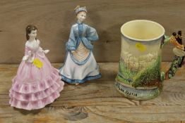 A MUSICAL STERLING CASTLE CERAMIC TANKARD TOGETHER WITH TWO ROYAL WORCESTER FIGURES - BOTH WITH