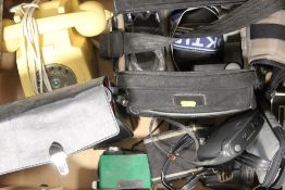 A TRAY OF COLLECTABLES TO INCLUDE A CHINON CINE CAMERA, VINTAGE TELEPHONE ETC