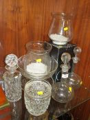 A SELECTION OF GLASSWARE TO INC VINTAGE DECANTERS, CUT GLASS ETC