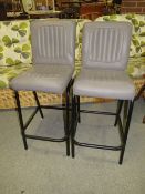 A PAIR OF MODERN GREY LEATHER BAR STOOLS