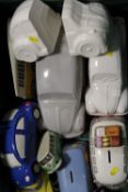 A TRAY OF ASSORTED CERAMIC VW BEETLE AND CAMPER TYPE MODEL VEHICLES TO INCLUDE MONEY BANKS, BOOK