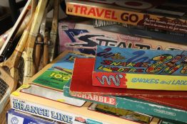 A COLLECTION OF VINTAGE BOARD GAMES, TRAIN SETS ETC., TOGETHER WITH A SELECTION OF VINTAGE WOODEN