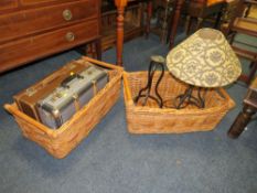 TWO RECTANGULAR BASKETS, TABLE LAMP AND CANDLE STAND (4)