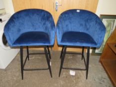 A PAIR OF DARK BLUE VELVET HIGH STOOLS
