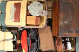 A TRAY OF VARIOUS TREEN BOXES & CAMERAS ETC., SOME BOXES WITH CONTENTS - BUTTONS, SHOE CLEANING
