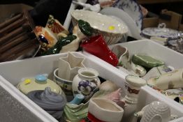 THREE BOXES OF ASSORTED CERAMICS AND COLLECTABLES TO INCLUDE AYNSLEY, SPODE, ETC, A MOORLAND WALL