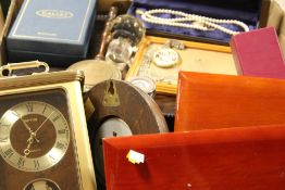 A TRAY OF ASSORTED COLLECTABLES TO INCLUDE A CLOCK, PEARL NECKLACE, BAROMETER ETC