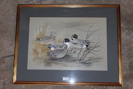 A MODERN PICTURE OF FOUR DUCKS SIGNED PAUL A NICHOLAS 1974 35.5 X 53 CM