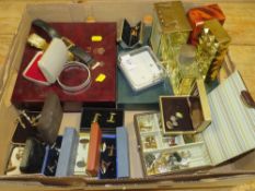 A TRAY OF ASSORTED GENTS AFTERSHAVE, CUFFLINKS ETC PLUS A LONDON CLOCK Co. CARRIAGE CLOCK