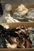 TWO BOXES OF ASSORTED CERAMICS AND COLLECTABLES TO INCLUDE FIGURINES, CROWN DEVON BISCUIT BARREL