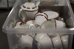 A TRAY OF MINTON 'SATURN' PATTERN TEA WARE, TO INCLUDE CUPS, SAUCERS, TEA POT, SUGAR AND CREAM JUG