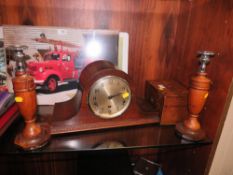 A NAPOLEON HAT MANTLE CLOCKS AND INLAID BOX TOGETHER WITH A PAIR OF CANDLESTICKS