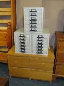 THREE SMALL METAL FILING DRAWERS AND A PAIR OF MODERN CABINETS (5)