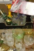 TWO BOXES OF ASSORTED GLASSWARE TO INCLUDE STUDIO GLASS, RETRO EXAMPLES, BOXED DRINKING GLASSES ETC