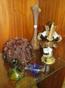 A SELECTION OF STUDIO GLASSWARE TO INC A MURANO FIGURAL CANDLESTICK AND A LARGE AUBERGINE GLASS