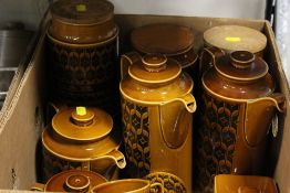 A BOX OF HORNSEA HEIRLOOM RETRO TEA AND COFFEE WARE ETC, TO INCLUDE TEAPOT, COFFEE POT, STORAGE