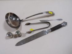 A MAPPIN & WEBB SILVER PLATED LADLE TOGETHER WITH A HORN HANDLED CARVING KNIFE ETC