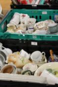TWO TRAYS OF ASSORTED CERAMICS ETC T INC DENBY COFFEE CUPS AND SAUCERS, ROYAL STAFFORD TEAWARE,