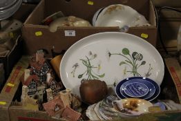 TWO TRAYS OF ASSORTED POTTERY AND CERAMICS TO INCLUDE ROYAL COPENHAGEN, PORTMEIRION ETC., AND A