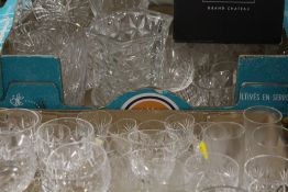 TWO BOXES OF ASSORTED GLASSWARE TO INCLUDE CAKE STAND, CUT GLASS DRINKING GLASSES ETC
