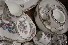 TWO TRAYS OF WEDGWOOD 'KUTANI CRANE' PATTERN COFFEE SET, DECORATIVE VASES, TRINKETS ETC