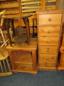 A TALL HONEY PINE CHEST, PINE OPEN CABINET AND AN OCCASIONAL TABLE (3)