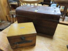 A VINTAGE TIN TRUNK TOGETHER WITH A CASED UNIVERSAL ELECTRICAL FAULT FINDER (2)