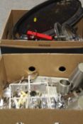TWO TRAYS OF ASSORTED METALWARE AND FLATWARE TO INCLUDE SILVER PLATED COMPORT, SERVING TRAY ETC