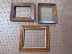 THREE SMALL 19TH CENTURY MAPLE FRAMES WITH SLIPS, average frame W 3.5 cm, smallest rebate 24 x 18