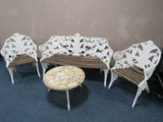 A COALBROOKDALE STYLE 'LILY OF THE VALLEY' GARDEN BENCH AND PAIR OF CHAIRS, and cast aluminium