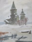 (XIX-XX). Russian school, wintery river landscape with church, signed lower right, watercolour,