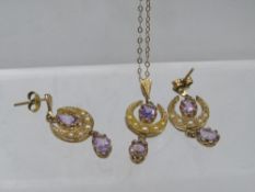 A 9CT GOLD AMETHYST AND SEED PEARL PENDANT AND EARRINGS SET, approximately 5.3 g