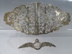 A HALLMARKED SILVER NURSES BELT BUCKLE, together with a white metal marcasite set R.A.F sweetheart