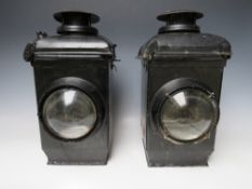 A PAIR OF CAST IRON ADLAKE NON SWEATING LEVEL CROSSING RAILWAY LANTERNS, complete with burners, H 39