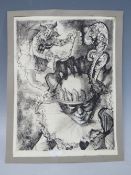 (XX). Modernist study of clowns, signed lower right, pen and ink on paper, unframed, 21 x 15 cm